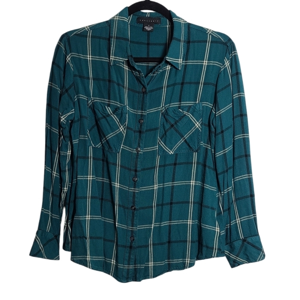 SANCTUARY Women's Plaid Teal Button Up Front Pockets Boyfriend Shirt Size Small